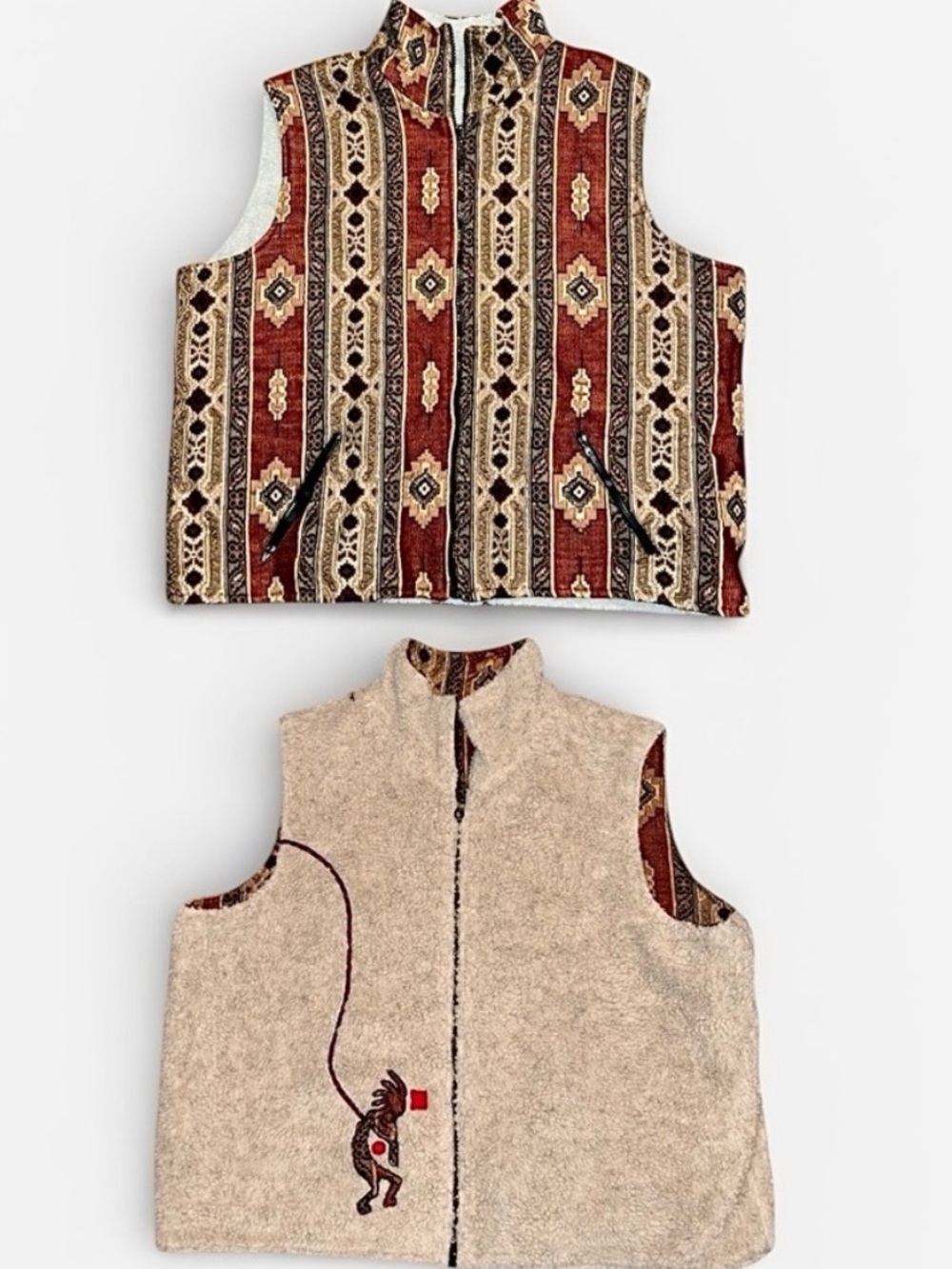 Vintage Sherpa Tribal Fleece Southwestern Reversible Vest Zip Up Aztec Size XL
